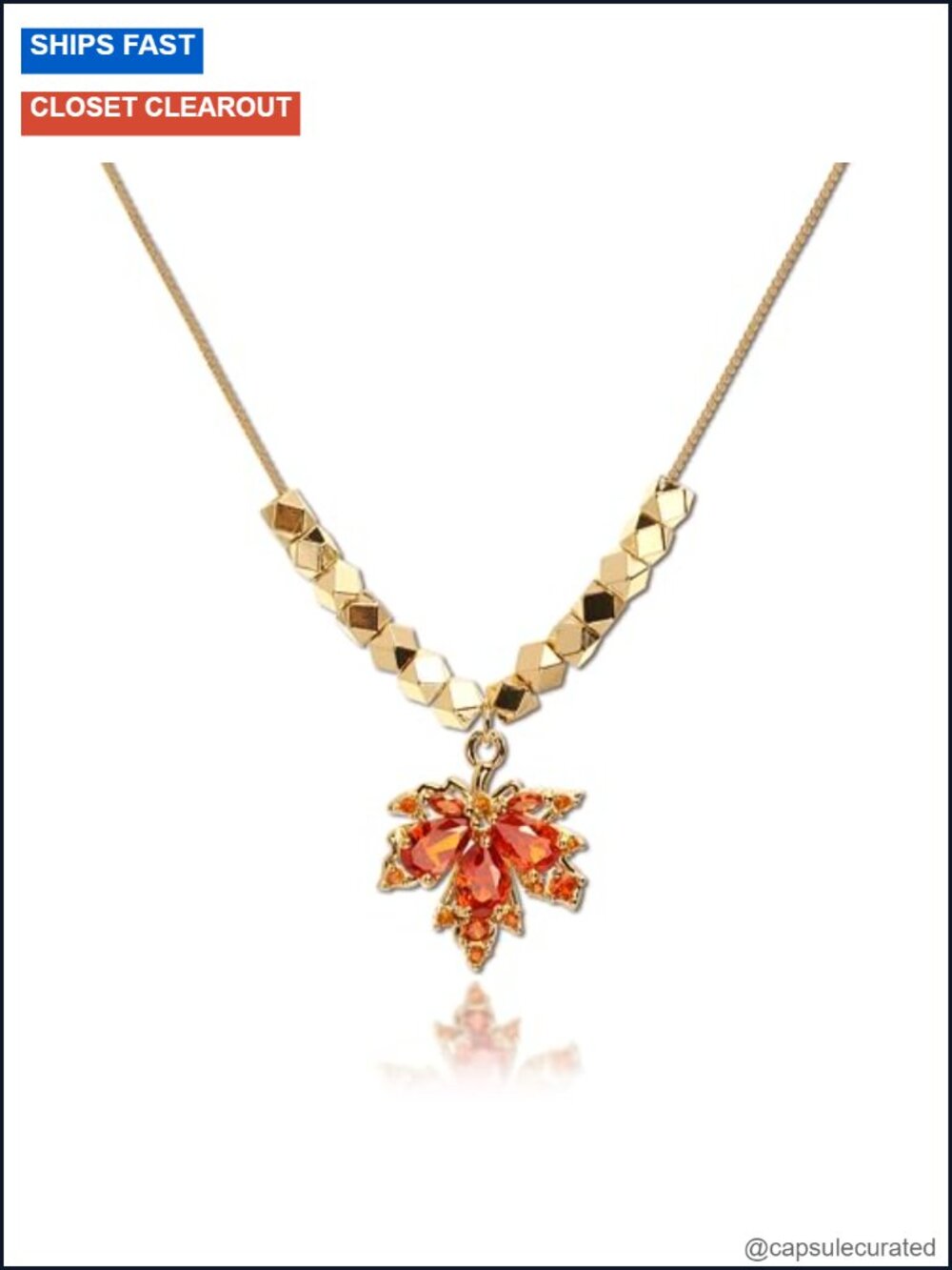 Dainty Maple Leaf Pendant Necklace, Gold Plated Brass Chain, Rhinestone Jewelry